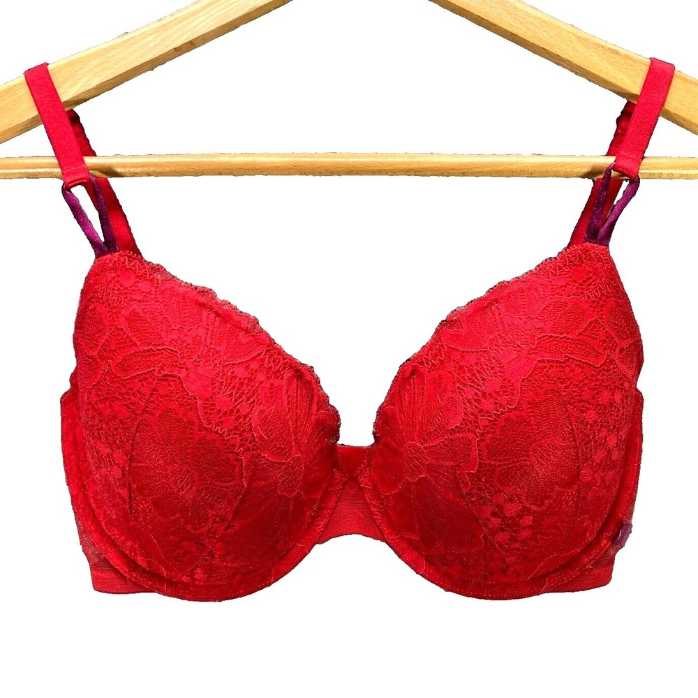 Victoria Secret Red Lace Lined Demi Multiway Sheer Mesh Push Up Bra 32DDD 32F